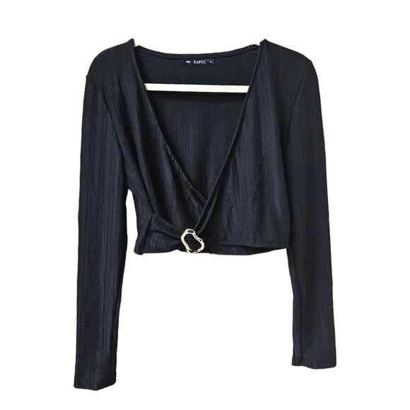 ZAFUL Women's V-neck Long Sleeve  Cropped Top Slit bodycon Mini Skirt Set - Picture 3 of 16